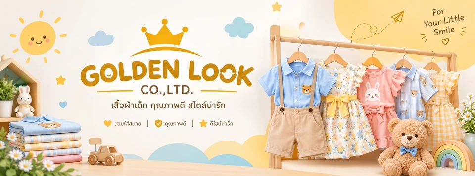 Golden Look เสื้อผ้าเด็ก พร้อมโลโก้มงกุฎและภาพชุดเด็ก